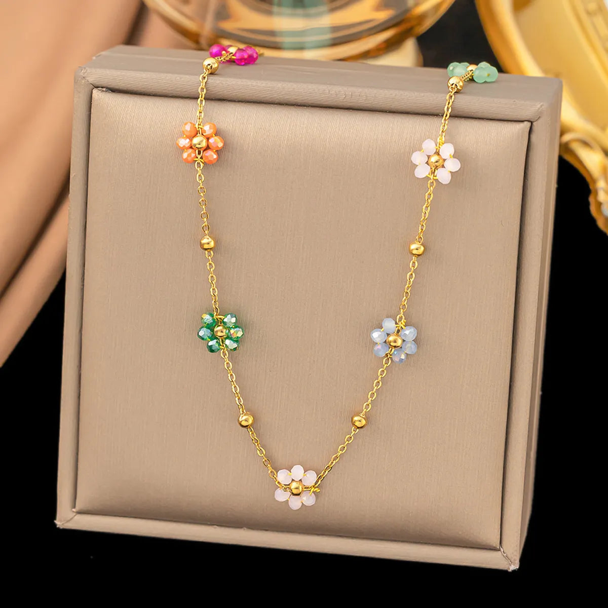 3 [Ah6143] Colorful Beads Flower Necklace Gold