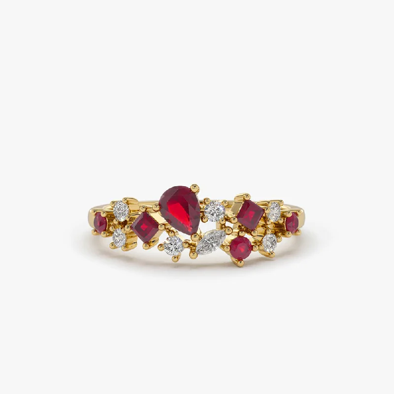 Vintage-inspired halo engagement rings for women -14k Ruby and Diamond Mixed Shape Cluster Ring