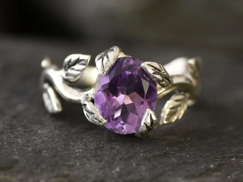 Rose gold rings for women -Leaf Amethyst Ring - Purple Vintage Ring - Silver Branch Ring