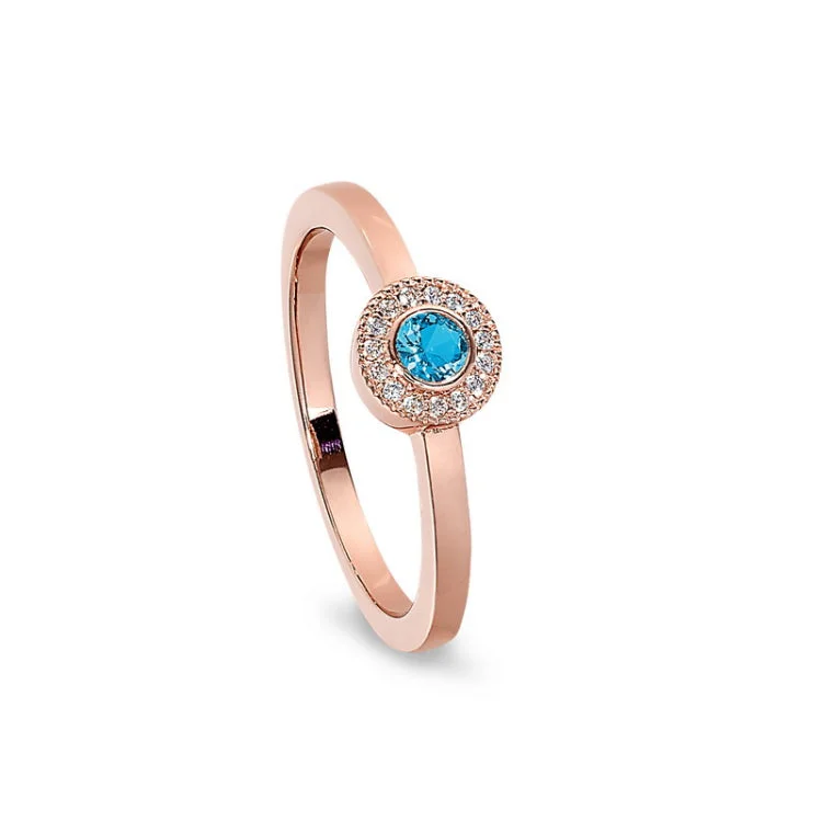 Platinum engagement rings for women -Rose gold finish sterling silver micropave round simulated blue topaz ring with simulated diamonds size 5