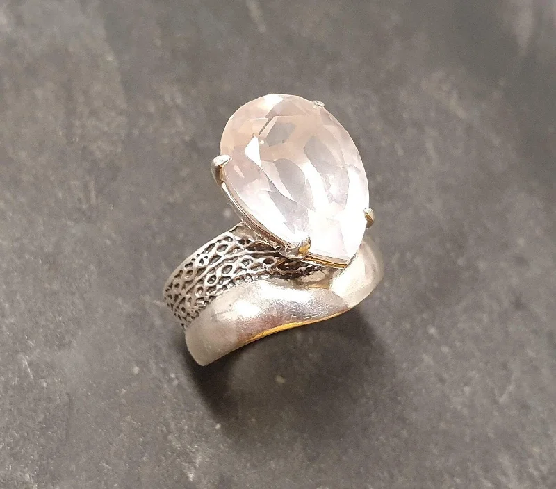 Fashion rings for women -Rose Quartz Ring - Large Pink Ring - Vintage Teardrop Ring