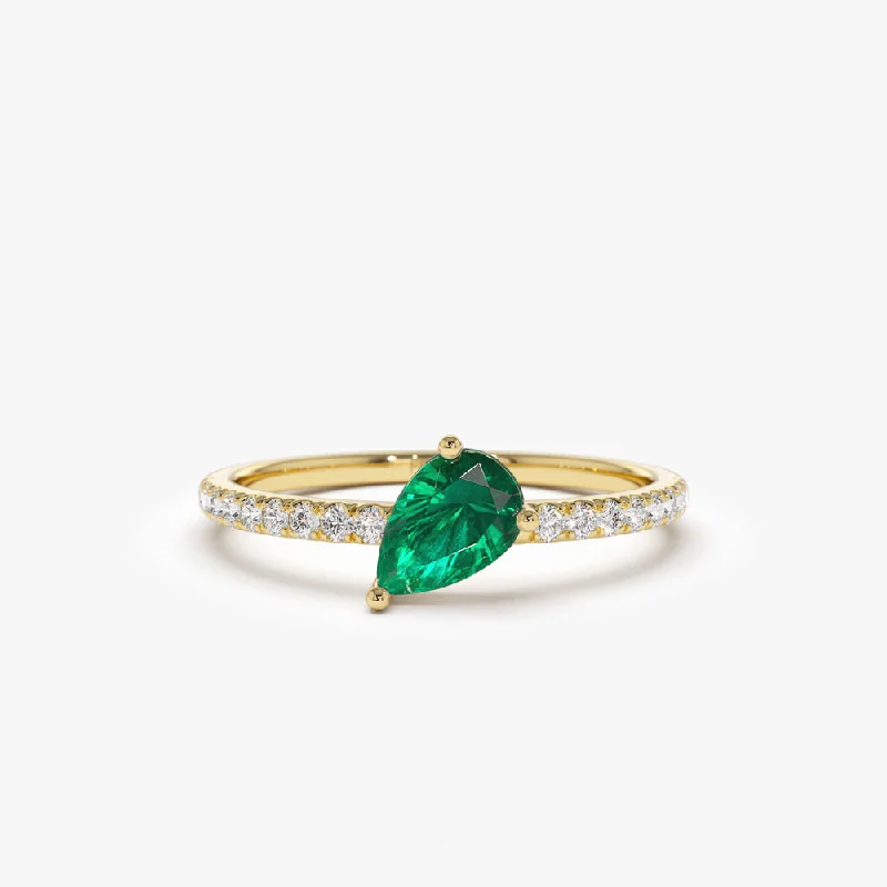 Classic diamond engagement rings for women -14k Slanted Pear Shape Emerald Ring with Pave Diamonds