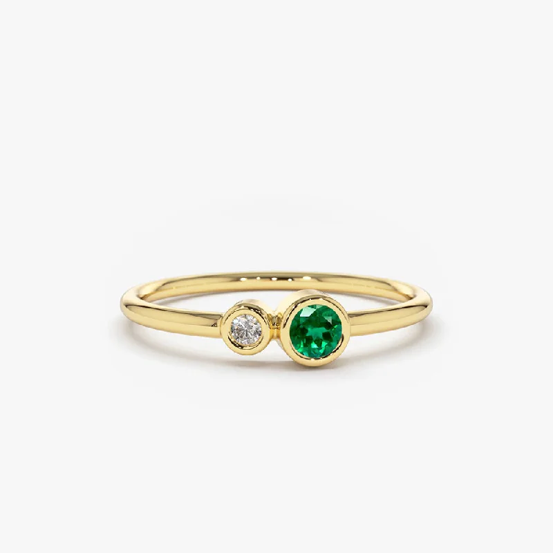 Vintage-inspired engagement rings for women -14K Gold Bezel Setting Emerald and Diamond Ring