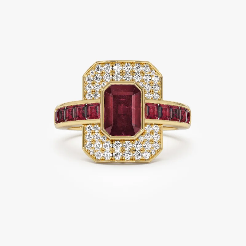 Cushion cut engagement rings for women -14k Unique Ruby and Diamond Art Deco Ring