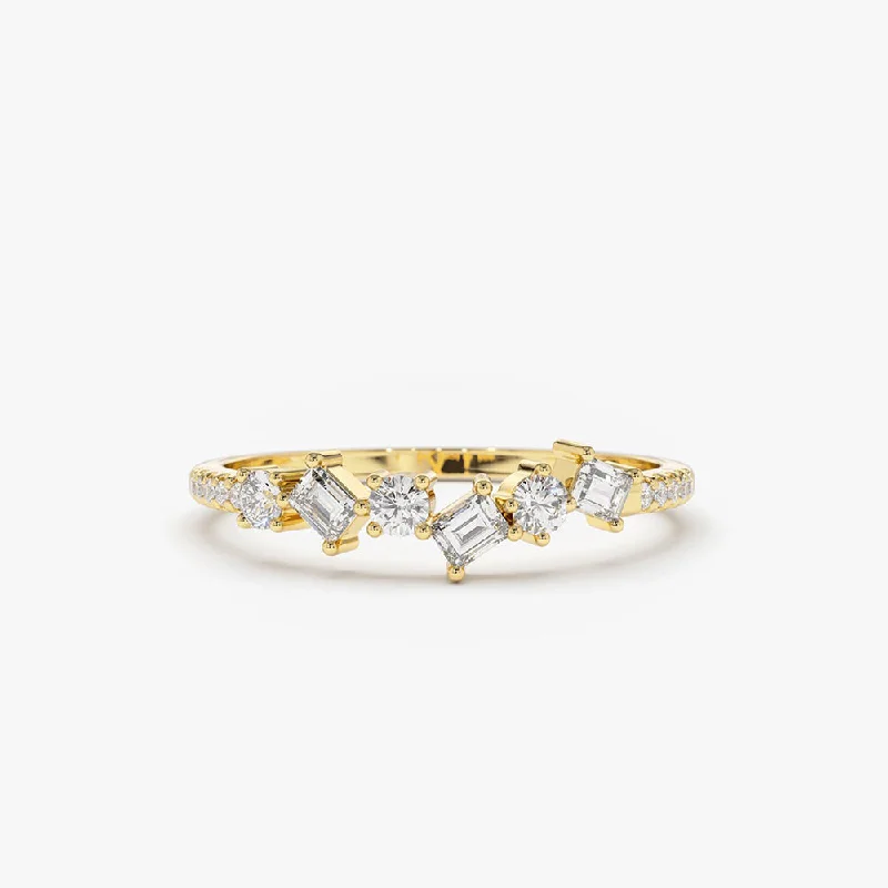 Engagement rings with milgrain details for women -14K Gold Asymmetrical Baguette and Round Diamond Wedding Ring