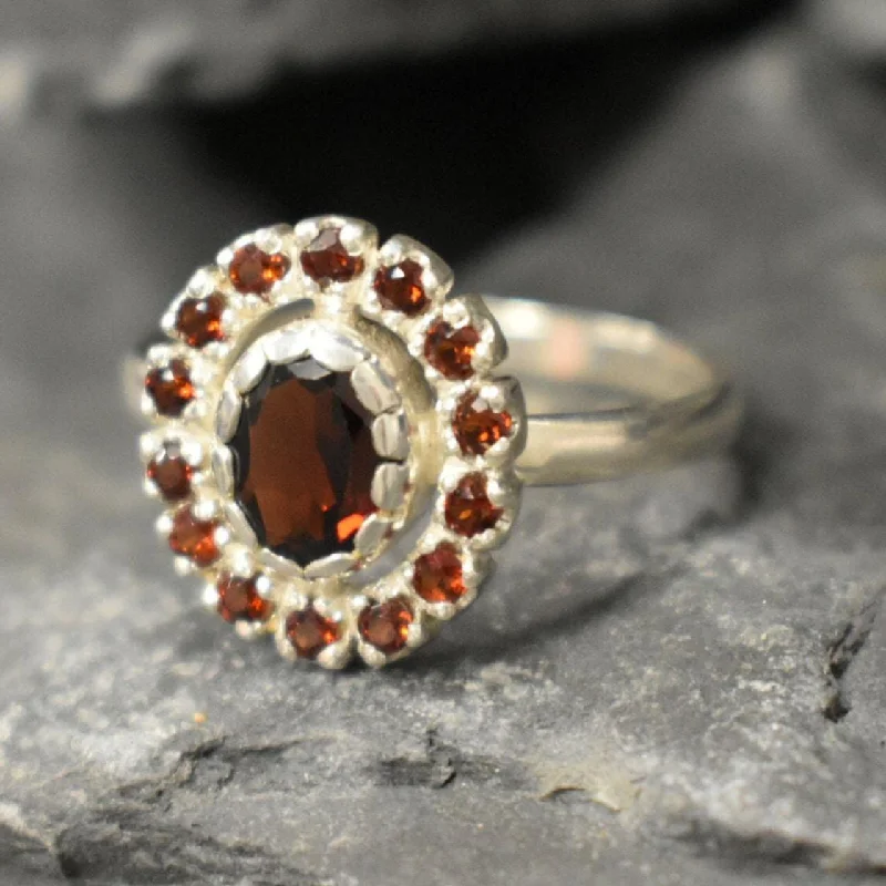 Modern rings for women -Victorian Garnet Ring - Red Flower Ring - Garnet Cocktail Ring