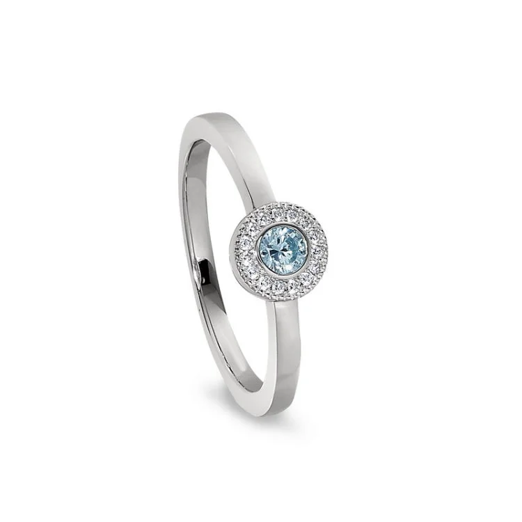 Elegant solitaire engagement rings for women -Platinum Finish Sterling Silver Micropave Round Simulated Aquamarine Ring with Simulated Diamonds Size 4