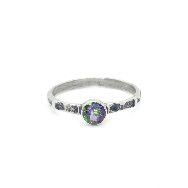 Designer rings for women -Mystic Topaz Ring - Purple Solitaire Ring - Hammered Silver Band