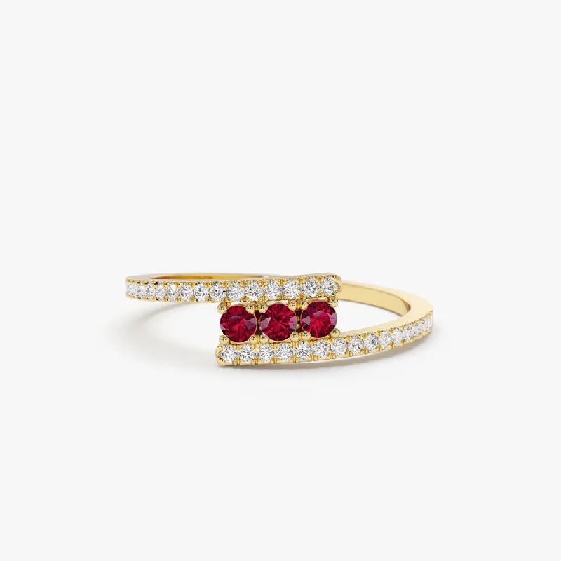 Two-stone engagement rings for women -14k Cross Over Diamond Ring with Round Rubies