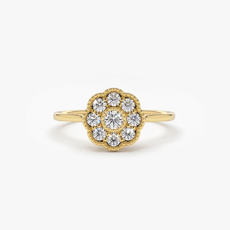 Cushion cut solitaire engagement rings for women -14K Gold Floral Diamond Ring