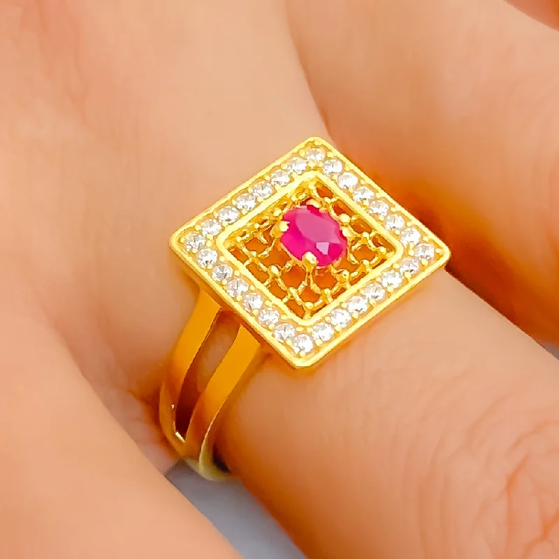 Fashion rings for women -Jazzy Square 22k Gold CZ Statement Ring