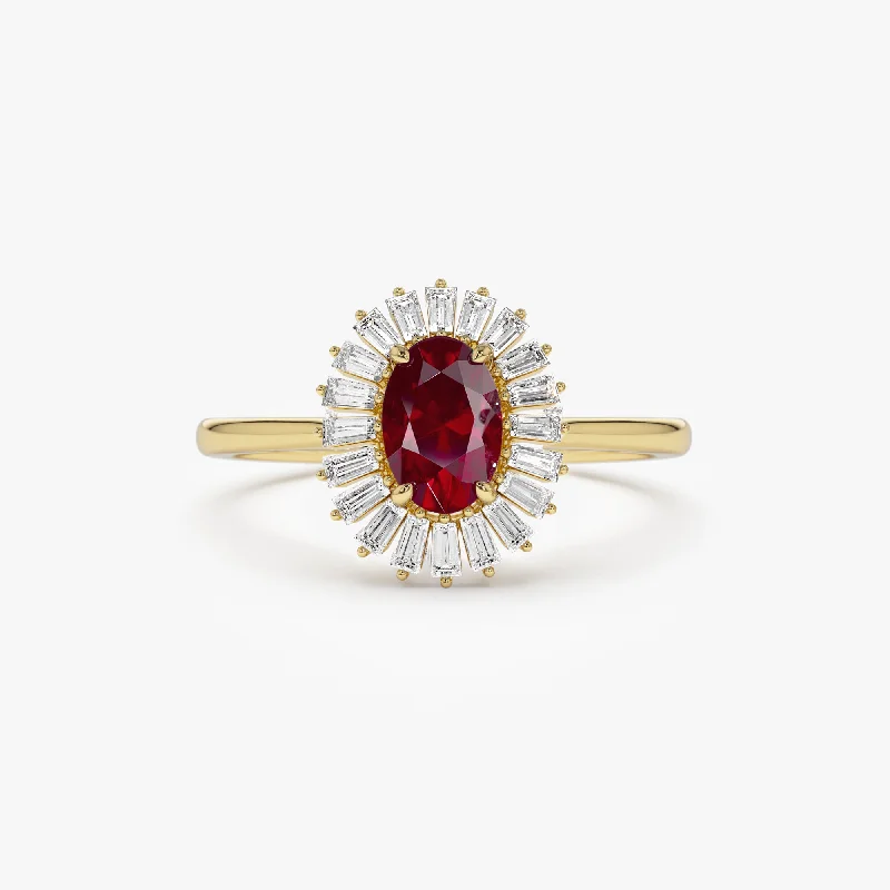 Simple engagement rings for women -14k Baguette Diamond Ballerina Oval Ruby Ring