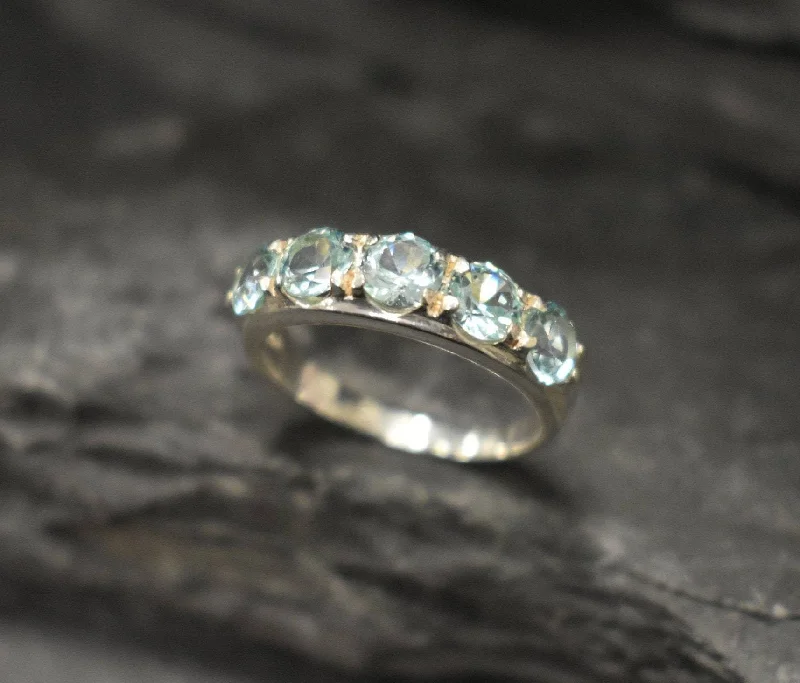 Engagement rings with diamond accents for women -Wide Aquamarine Ring - Blue Eternity Band - Vintage Boho Band