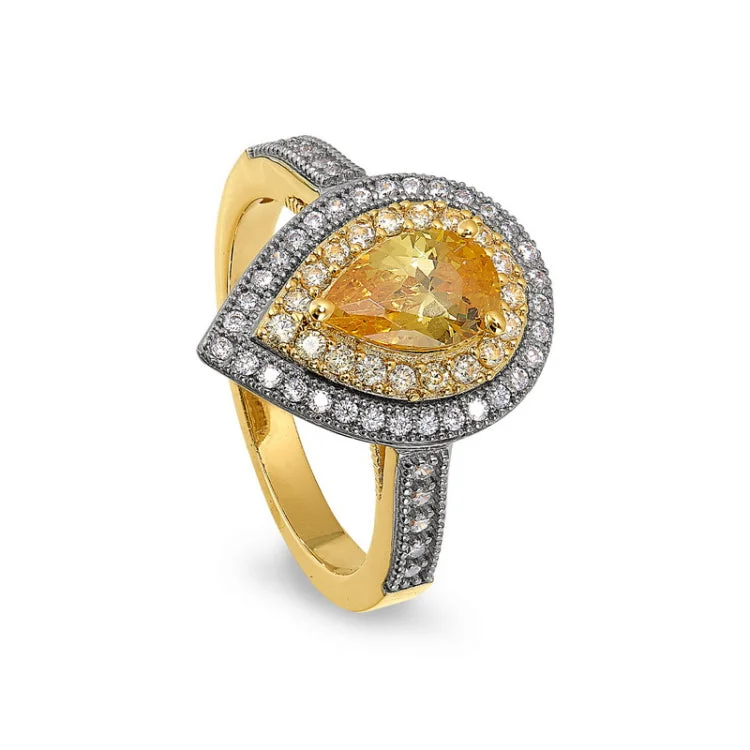 Exclusive engagement rings for women -Gold and Platinum Finish Sterling Silver Micropave Pear Shaped Ring with a Canary Colored Stone and Simulated Diamonds