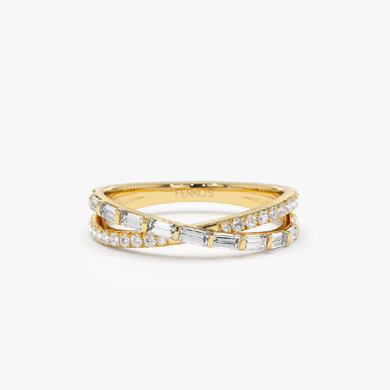 Engagement rings with a twist design for women -14k Mix Baguette and Round Diamond Crossover Ring