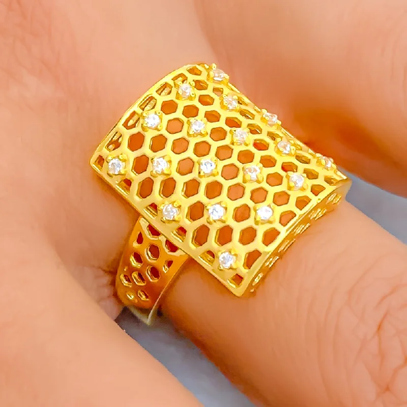 Geometric rings for women -Unique Honeycomb 22k Gold CZ Ring