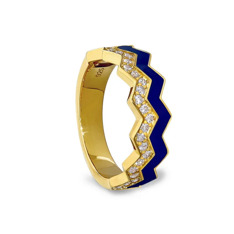 Simple solitaire engagement rings for women -Gold Vermeil Sterling Silver Micropave Ring with with Navy Enamel and Simulated Diamondss