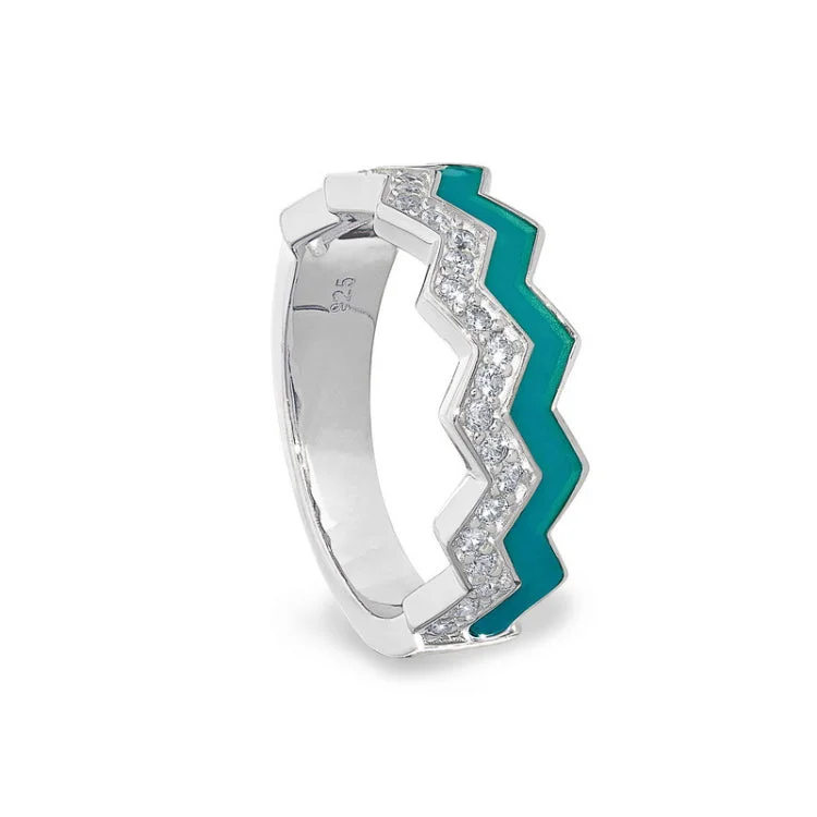 Stackable diamond engagement rings for women -Platinum finish sterling silver micropave ring with with turquoise enamel and simulated diamondss