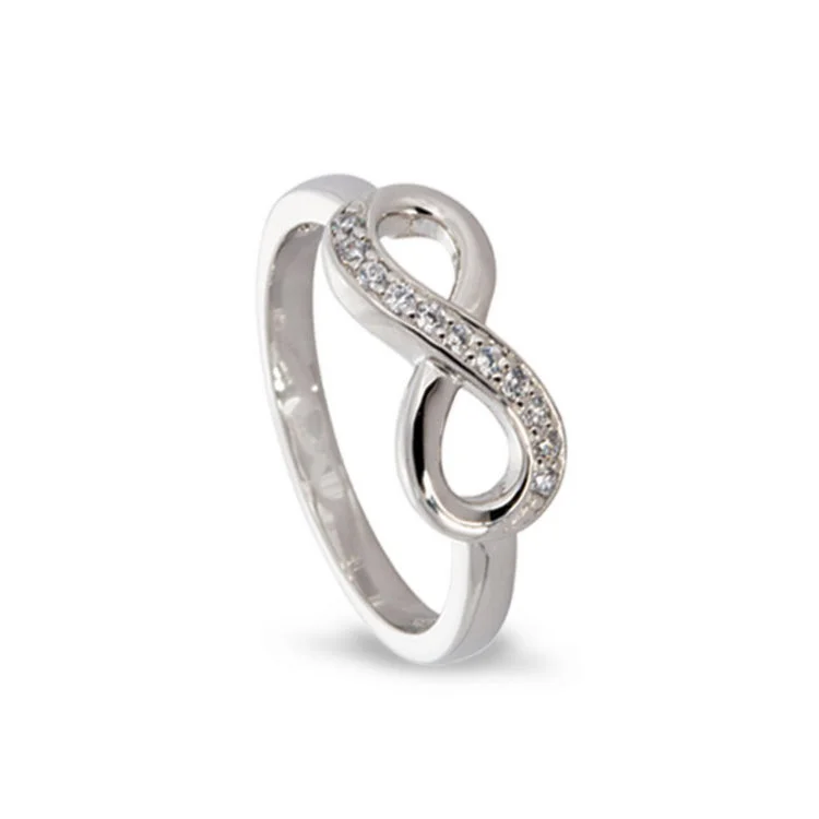 Oval diamond engagement rings for women -Platinum Finish Sterling Silver Micropave Infinity Ring with Simulated Diamonds