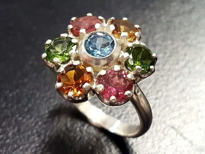 Bold rings for women -Genuine Tourmaline Ring - Colorful Flower Ring - October Birthstone Ring