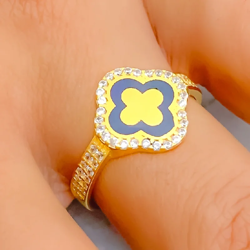 Custom-designed rings for women -Trendy Floral 21k Gold Dazzling CZ Ring - Size 7