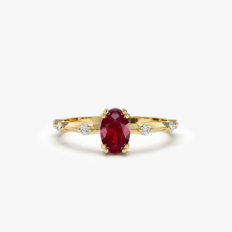 Engagement rings with gemstone accents for women -14k Gold Dainty Diamond Genuine Ruby Ring