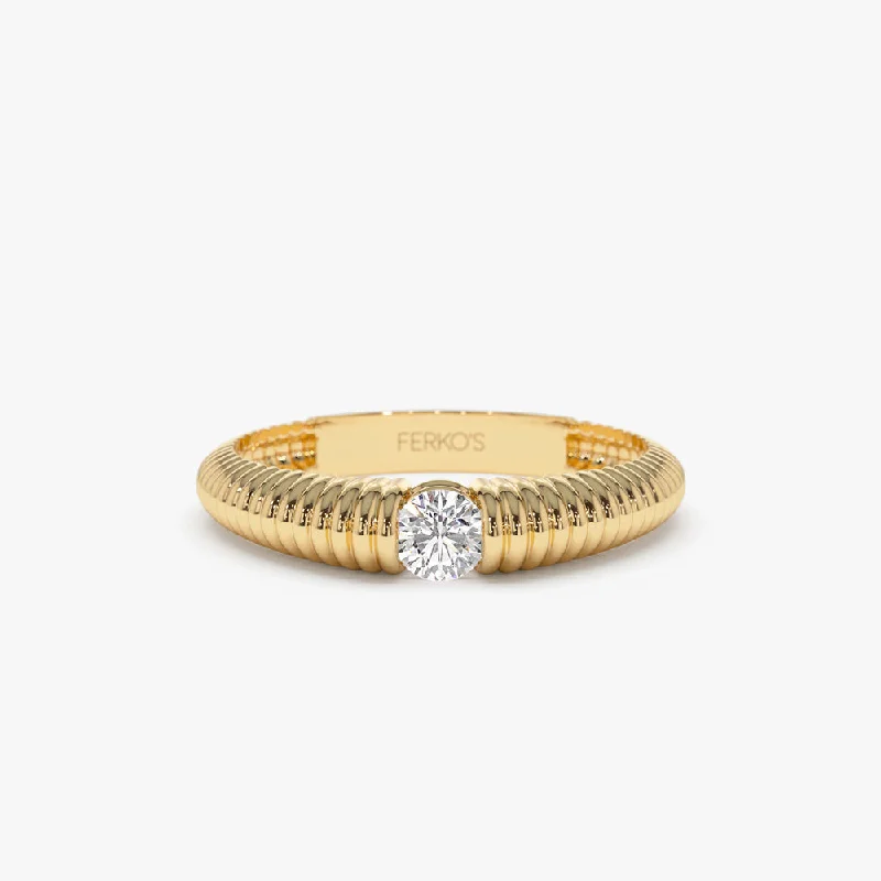 Engagement rings with gemstone accents for women -14k Gold Ribbed Gold Solitaire Diamond Ring