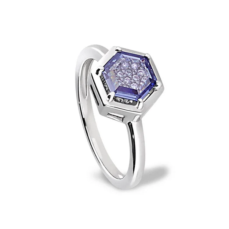 Engagement rings with colored diamonds for women -Platinum finish sterling silver flat hexagon synthetic tanzanite ring with synthetic diamonds - size 5