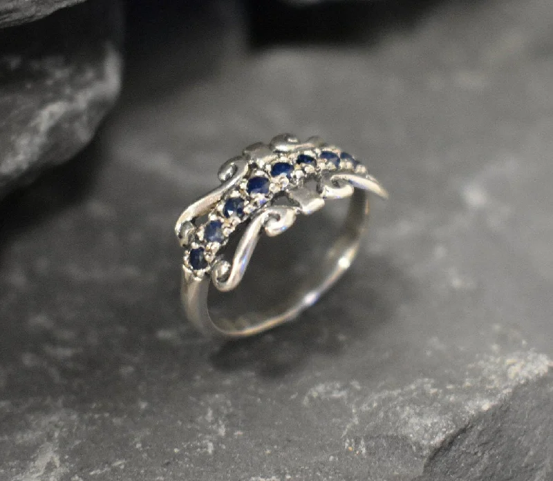 Elegant solitaire rings for women -Blue Tiara Band - Natural Sapphire Ring, Crown Eternity Band