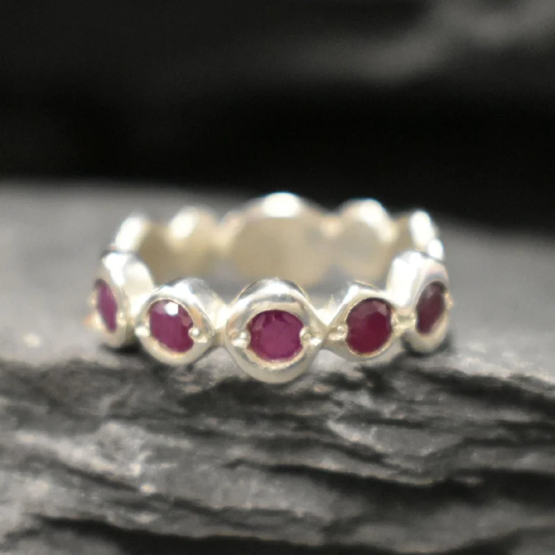 Sterling silver rings for women -Genuine Ruby Ring - Red Half Eternity Band - July Birthstone Ring