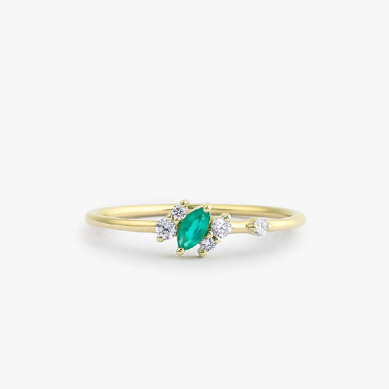 Affordable diamond engagement rings for women -14k Slanted Marquise Emerald and Diamond Ring