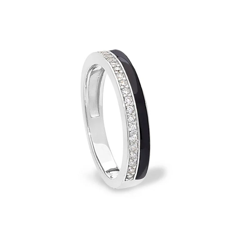 Diamond engagement rings for women -Platinum Finish Sterling Silver Micropave Ring with with Black Enamel and Simulated Diamondss