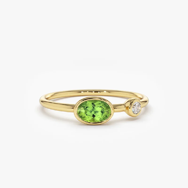 Vintage-inspired halo engagement rings for women -14k Gold Oval Peridot  and Diamond Ring