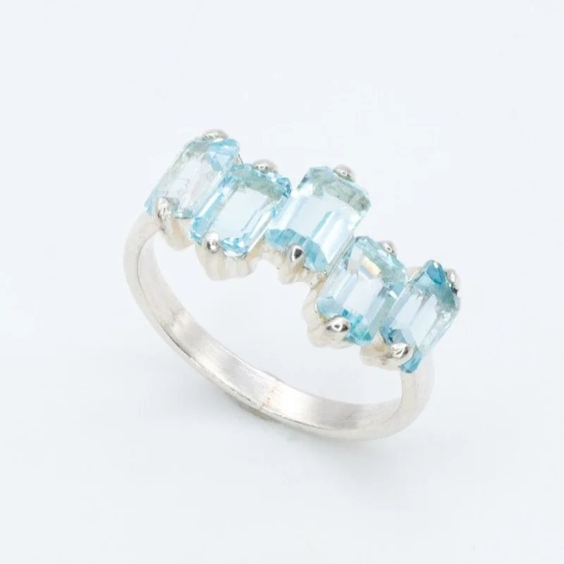 Fashionable rings for women -Blue Topaz Ring - Blue Baguette Band - December Birthstone Ring