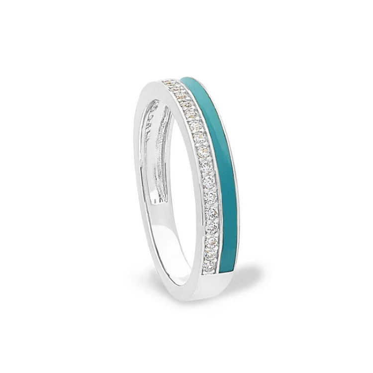 Stackable engagement rings for women -Platinum Finish Sterling Silver Micropave Ring with with Turquoise Enamel and Simulated Diamondss