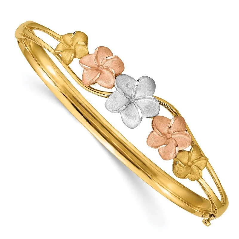 Elegant gemstone bracelets for women -Curata 14k Tri Color Gold Plumeria Cuff Stackable Bangle Bracelet