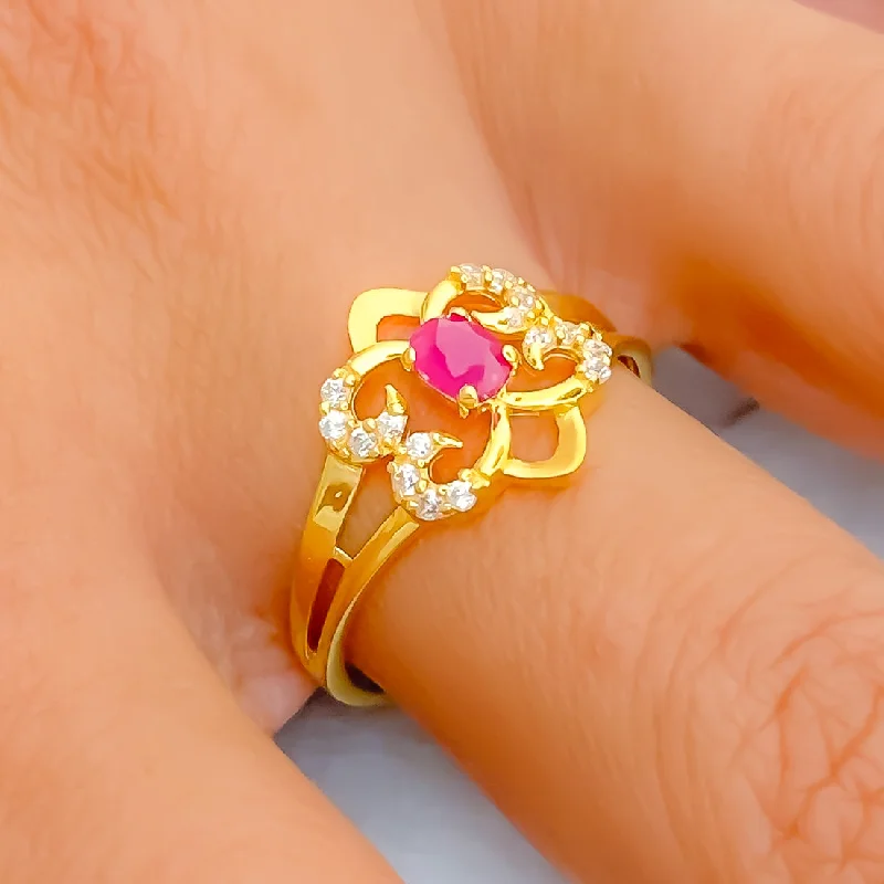 Designer rings for women -Ornate Flower 22k Gold CZ Ring