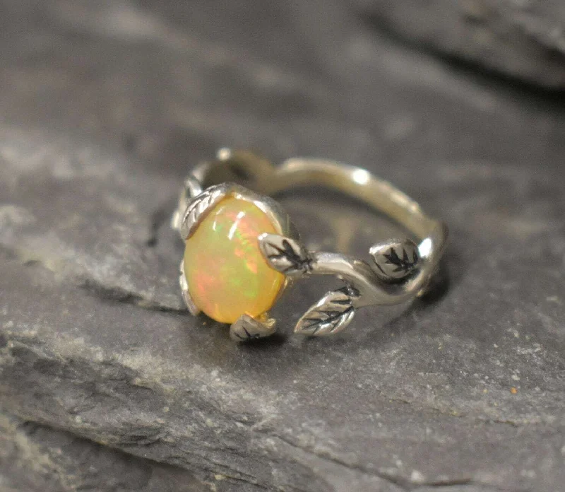 Vintage gemstone rings for women -Leaf Opal Ring - Natural Opal Ring - October Birthstone Band