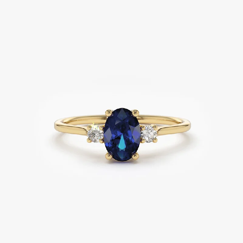 Unique engagement ring designs for women -14k Oval Shape Sapphire and Diamond 3 Stone Ring