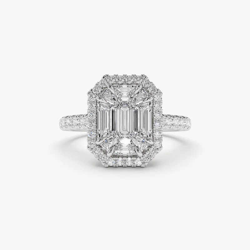 Engagement rings with a twist design for women -14k Emerald Cut Illusion Halo Setting Engagement Ring