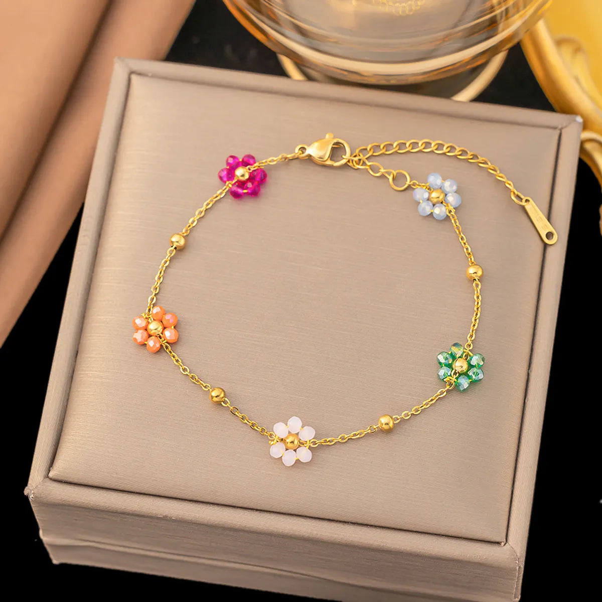 4 [Ae153] Colorful Beads Flower Bracelet Gold