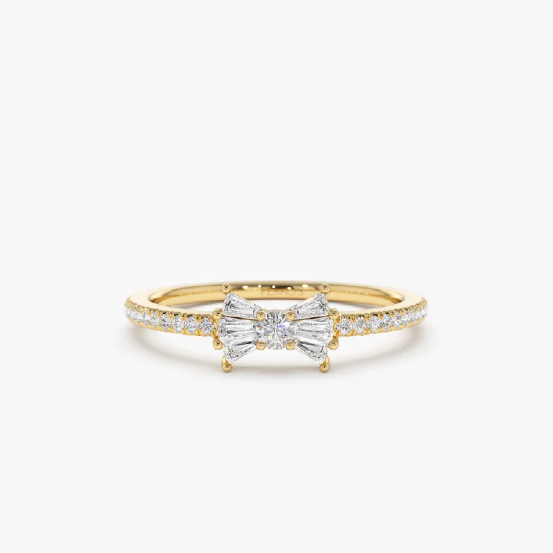 Exclusive engagement rings for women -14k Baguette and Round Diamond Bow Ring