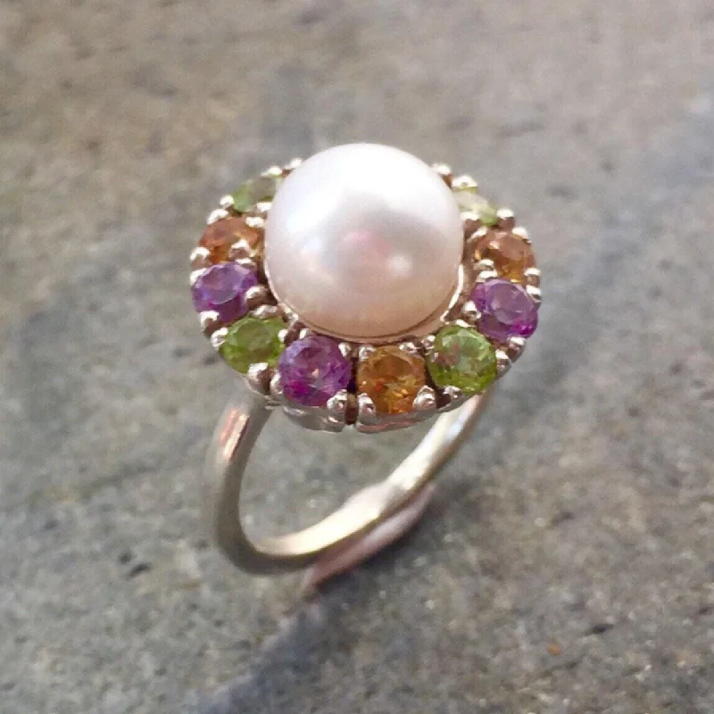 Luxurious wedding rings for women -Flower Pearl Ring - Colorful Flower Ring - Vintage Cocktail Ring