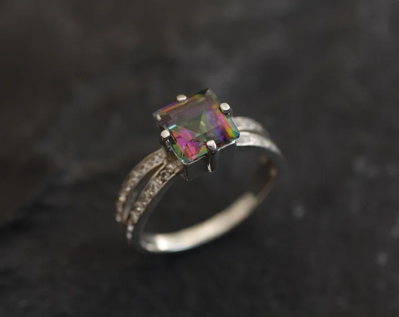 Unique rings for women -Mystic Topaz Ring - Purple Square Ring - Split Shank Silver Ring