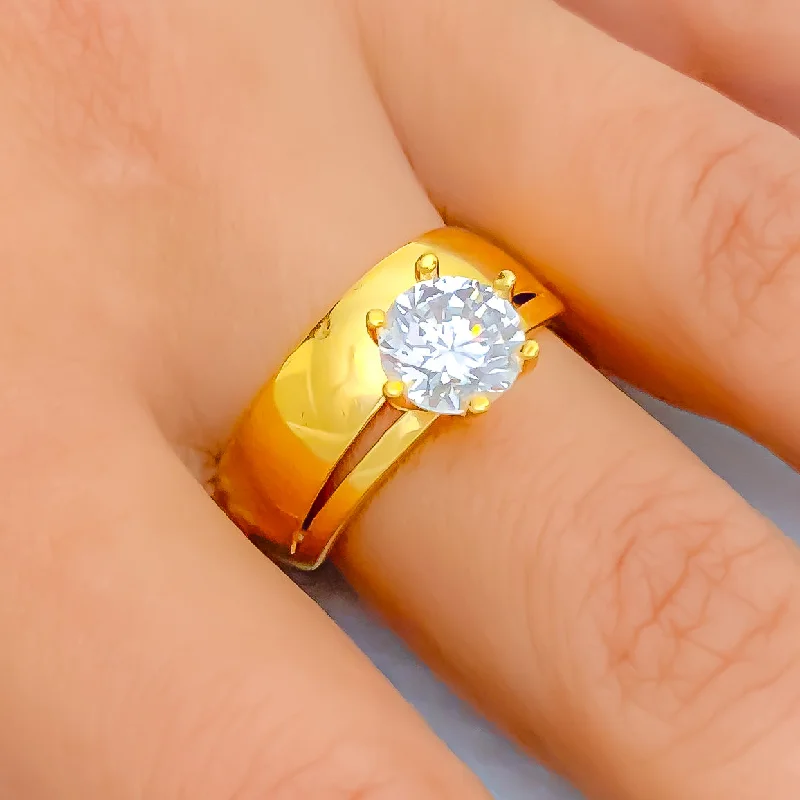 Personalized name rings for women -Glossy Twin Band 22k Gold CZ Ring w/ Solitaire