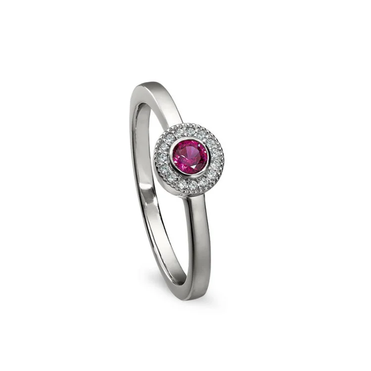 Custom halo engagement rings for women -Platinum Finish Sterling Silver Micropave Round Simulated Ruby Ring with Simulated Diamonds Size 4