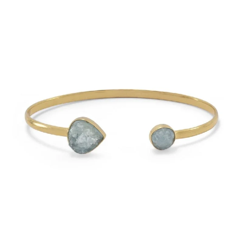 High-end bangles for women -Curata 14k Gld Plated 925 Sterling Silver Aquamarine Cuff Bracelet an 8mm Rough Cut Stone on One Side 13mm X