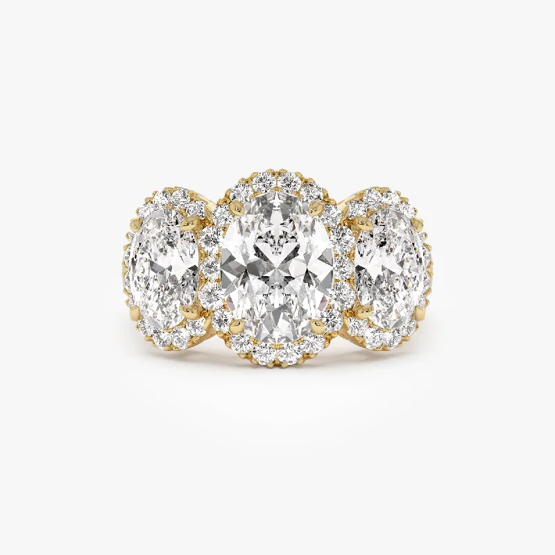 Unique engagement ring designs for women -3.35 ctw Three Stone Halo Oval Lab Grown Engagement Ring - Ashley