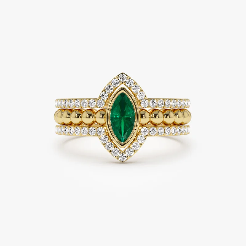 Elegant engagement rings for women -14k Marquise Shaped Emerald Ring with Nesting Diamond Bands