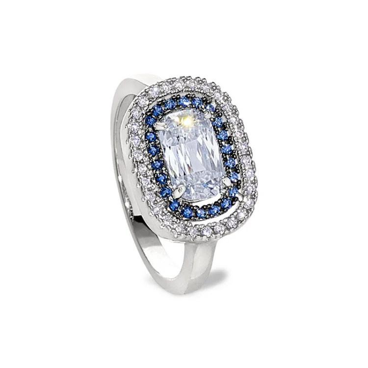 Engagement rings with baguette diamonds for women -Gold vermeil and black rhodium finish sterling micropave ring with synthetic blue sapphire and simulated diamonds - size 5